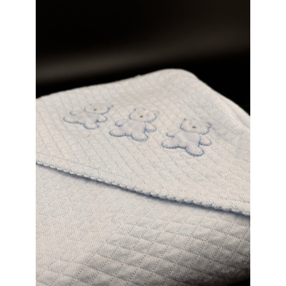 2009 Light Blue Baby Security Blanket Bears Hooded Quilted Nursery Rhyme 30 x 30